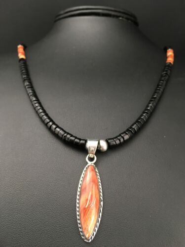 Spiny Oyster Pendant | Black Onyx Heishi | Navajo Sterling Necklace 22" | 4871
