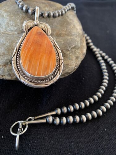 Navajo Orange Spiny Oyster Pendant Necklace | Sterling Silver | Authentic Native American Handmade | 00325
