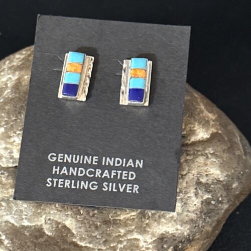 Navajo Multi-Color Turquoise Spiny Lapis Inlay Earrings | Sterling Silver | Authentic Native American Handmade | 14652