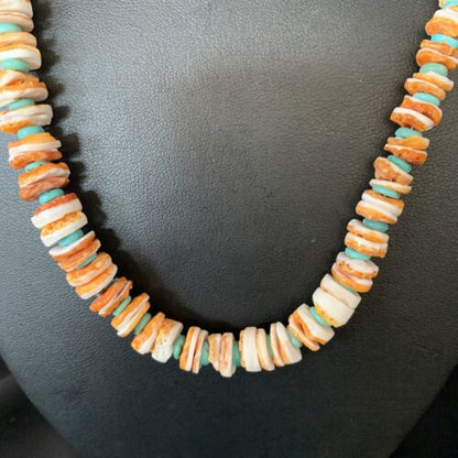 Navajo Turquoise & Orange Spiny Oyster Graduated Necklace | Sterling Silver | Authentic Native American | 20" | 13517