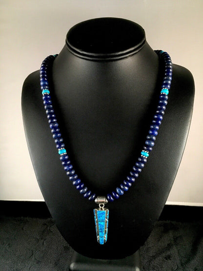 Navajo Opal, Lapis & Turquoise Inlay Pendant Necklace | Sterling Silver | Authentic Native American Handmade | 3348