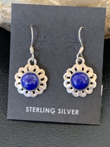 Navajo Flower Blue Lapis Lazuli Dangle Drop Earrings | Sterling Silver | 0.50" | 12711