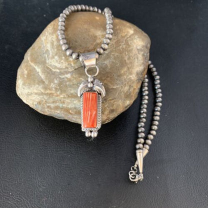 Navajo Red Spiny Oyster Square Pendant Necklace | Sterling Silver | Authentic Native American Handmade | 13635