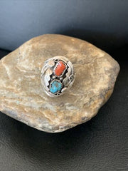 Navajo Blue Kingman Turquoise & Coral Feather Ring | Authentic Native American Sterling Silver | Multi-Stone | Sz 10 | 12218