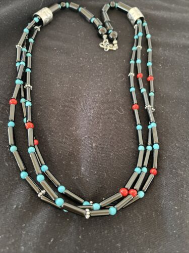 Navajo Black Onyx Coral Turquoise Bead Necklace | 3-Strand Sterling Silver | 24" | 1230
