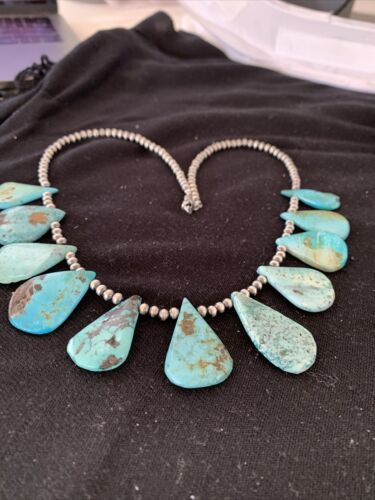 Authentic Native American Navajo Pearls Necklace | Sterling Silver & Blue Turquoise | 1451