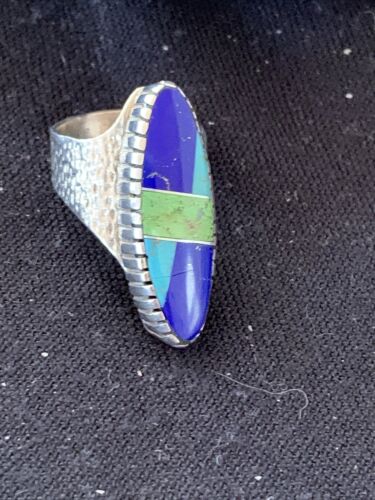 Navajo Multi-Color Lapis & Turquoise Inlay Ring | Sterling Silver | Sz 7 | Authentic Native American Handmade | 1577