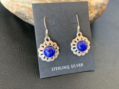 Navajo Flower Blue Lapis Lazuli Dangle Drop Earrings | Sterling Silver | 0.50" | 12711