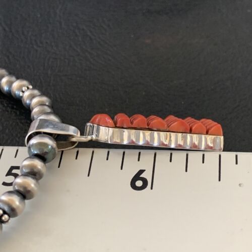 Navajo Red Coral Corn Inlay Necklace Pendant | Sterling Silver | 21" | Authentic Native American Handmade | 12584