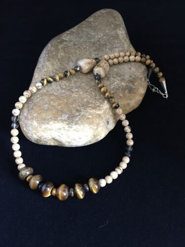 Women's Graduated Tigers Eye & Picture Jasper Necklace | Sterling Silver | Authentic Native American | 21"