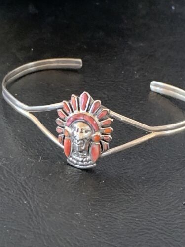 Native American Indian Head Coral Cuff Bracelet | Sterling Silver | Authentic Handmade | 1691 - Masha USA
