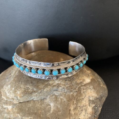 Native American Zuni Blue Turquoise Cuff Bracelet | Sterling Silver Handmade | 12694