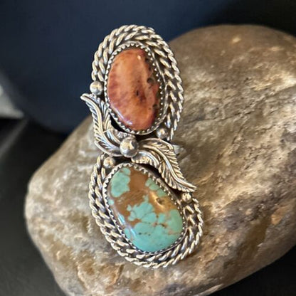 Navajo Women's Turquoise Spiny Oyster Multi-Stone Ring | Authentic Native American Sterling Silver | Multi-Stone | Sz 7.5 | 14489