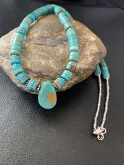 Navajo Green Turquoise Heishi Necklace | Sterling Silver | 22" | Authentic Native American Handmade | 11814