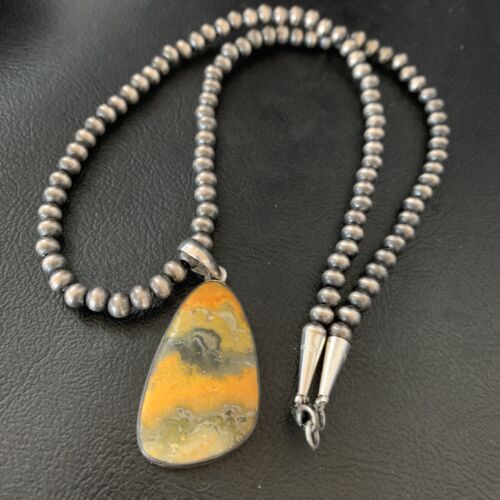 Navajo Yellow Bumblebee Jasper Pendant | Sterling Silver Necklace | Authentic Native American Handmade | 12811