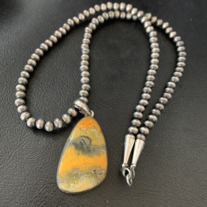 Navajo Yellow Bumblebee Jasper Pendant | Sterling Silver Necklace | Authentic Native American Handmade | 12811