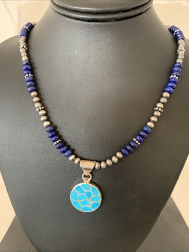 Navajo Sterling Silver Lapis Blue Turquoise Inlay Pendant Necklace | Authentic Native American Handmade | 1172