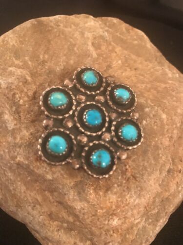 Native American Kingman Turquoise Cluster Pin | Navajo Sterling Silver | 8017