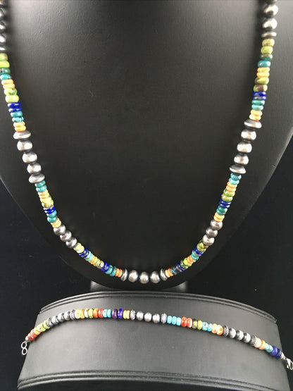 Native American Multi-Color Turquoise Necklace & Bracelet Set | Sterling Silver | 22" | Navajo Handmade | 10039 - Masha USA