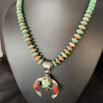 Navajo Pearl Royston Turquoise Coral Necklace with Naja Pendant | Sterling Silver | 13758