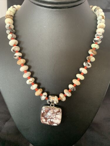 Navajo Coral Wild Horse Turquoise Pendant Necklace | Sterling Silver | Authentic Native American Handmade | 10267