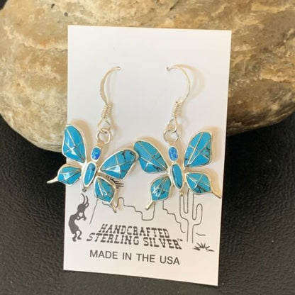 Navajo Blue Turquoise Inlay Butterfly Earrings | Sterling Silver | 0.5" | 12013 - Masha USA
