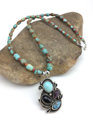 Navajo Turquoise and Spiny Oyster Multi-Stone Necklace | Authentic Native American Sterling Silver | 21" | 4885