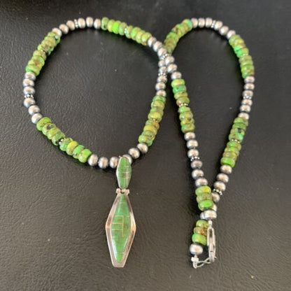 Navajo Green Gaspeite Turquoise Inlay Pendant | Sterling Silver | Authentic Native American Handmade | 13267