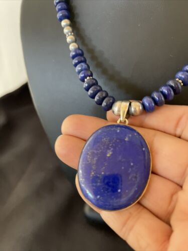 Navajo Pearls Sterling Silver Necklace with Blue Lapis Pendant | Authentic Native American Handmade | 11352