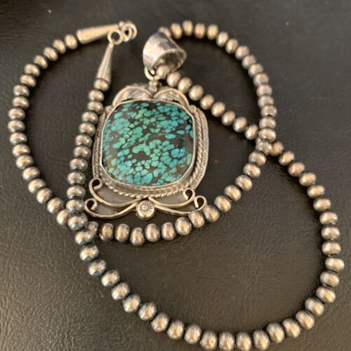 Men's Navajo Blue Spiderweb Turquoise Pendant Necklace | Sterling Silver | Authentic Native American Handmade | 14203