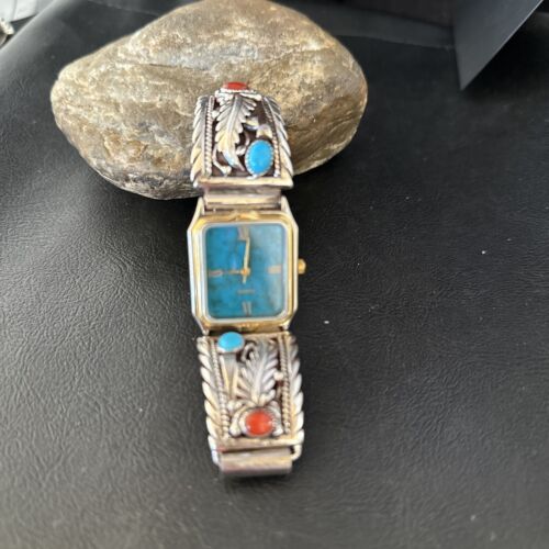 Authentic Navajo Men's Watch Tips Band | Turquoise Coral Feather | Sterling Silver | Native American Jewelry | 14312