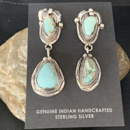 Navajo Blue Dry Creek Turquoise Post Dangle Earrings | Sterling Silver | Authentic Native American Handmade | 13877 - Masha USA