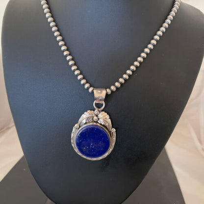 Native American Men's Necklace | Sterling Silver Navajo Pearls with Blue Lapis Pendant | 1525