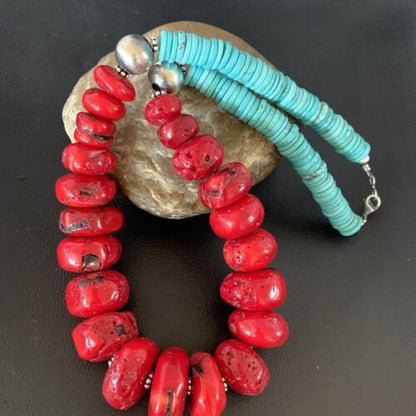 Navajo Red Coral & Turquoise Bead Necklace | Sterling Silver | Authentic Native American | 21" | 13163