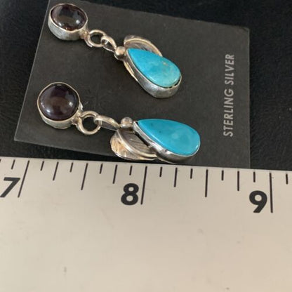 Navajo Purple Sugilite Blue Turquoise Dangle Leaf Earrings | Sterling Silver | Authentic Native American Handmade | 13452