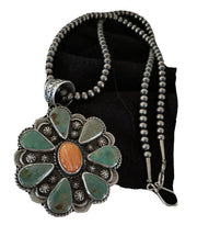 Navajo Spiny Oyster & Turquoise Cluster Pendant Necklace | Sterling Silver | Native American Handmade | 1119