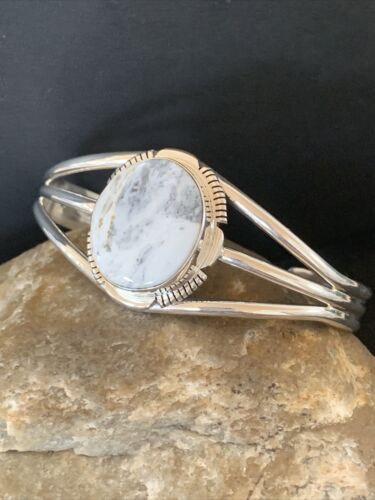 Navajo White Buffalo Turquoise Cuff Bracelet | Sterling Silver | Authentic Native American Handmade | 1390