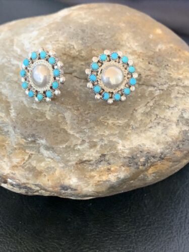 Authentic Native American Zuni Petite Point Turquoise Earrings | Sterling Silver | Handmade | 1609