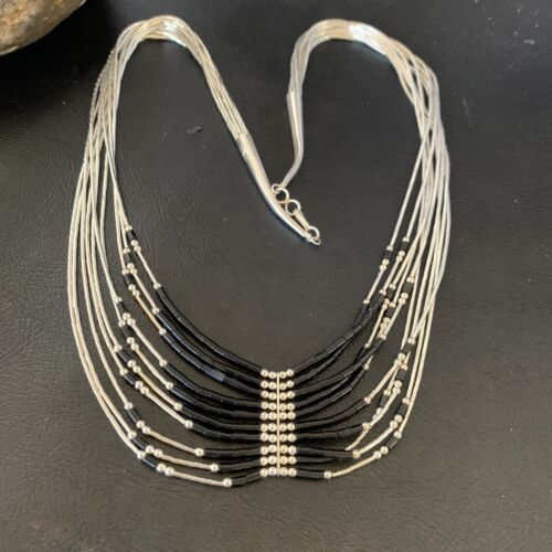 Navajo Black Onyx Liquid Silver Heishi Necklace | 10 Strand Sterling Tubes | Authentic Native American | 12298