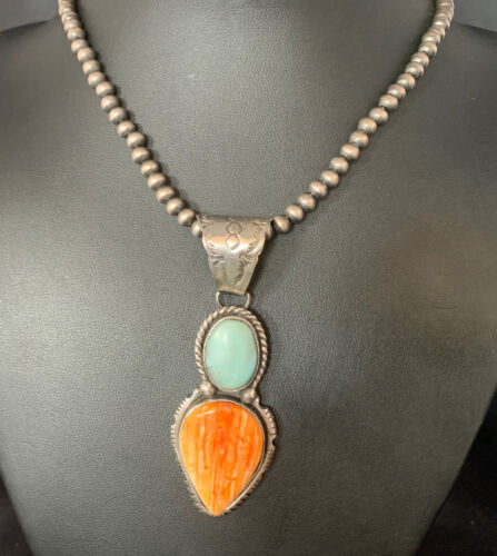 Navajo Dry Creek Turquoise Spiny Necklace Pendant | Sterling Silver | 2.5" | 13581