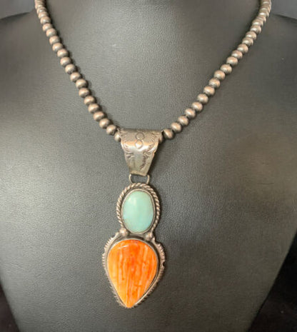 Navajo Dry Creek Turquoise Spiny Necklace Pendant | Sterling Silver | 2.5" | 13581