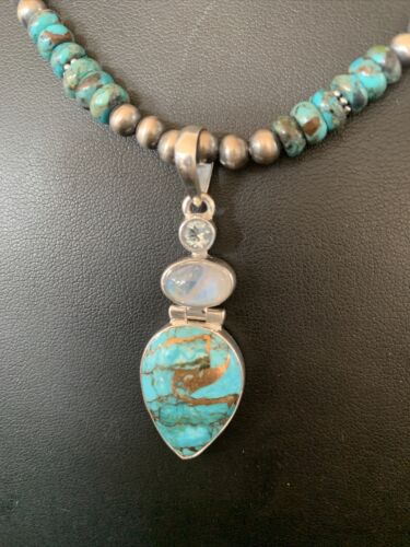 Navajo Pearls Necklace with Blue Mojave Turquoise Moon Pendant | Authentic Native American Sterling Silver | Multi-Stone | 11912