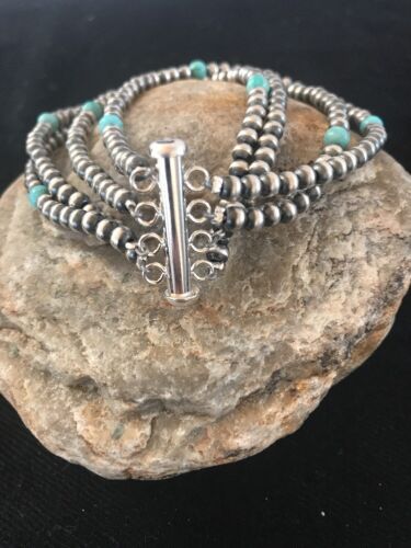 Navajo Pearls  Blue Turquoise Bracelet | 4-Strand | Sterling Silver | Authentic Native American