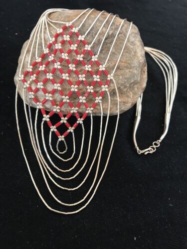 Southwestern Coral Heishi Necklace | 7 Strands Sterling Silver | Navajo | 3699