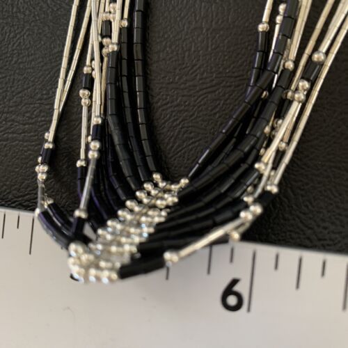 Navajo Black Onyx Liquid Silver Heishi Necklace | 10 Strand Sterling Tubes | Authentic Native American | 12298