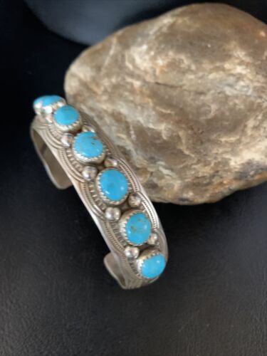 Men's Blue Kingman Turquoise Cuff Bracelet | Sterling Silver | 7 Stone | Authentic Native American Handmade | 14137