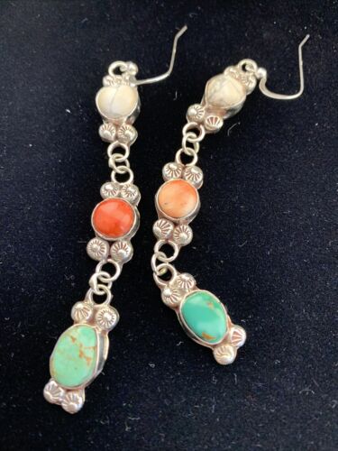 Navajo Spiny, Turquoise & Howlite Dangle Earrings | Sterling Silver | Authentic Native American Handmade | 01618