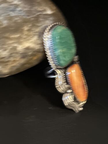 Navajo Turquoise Spiny Oyster Multi-Stone Ring | Authentic Native American Sterling Silver | Multi-Stone | Sz 8 | 14494