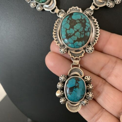 Navajo Lariat Spiderweb Turquoise Pendant Necklace | Sterling Silver | 25" | Authentic Native American Handmade | 01337