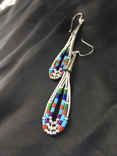 Handmade Liquid Silver Heishi Dangle Earrings | Turquoise Coral | Sterling Silver | 2" | 2009